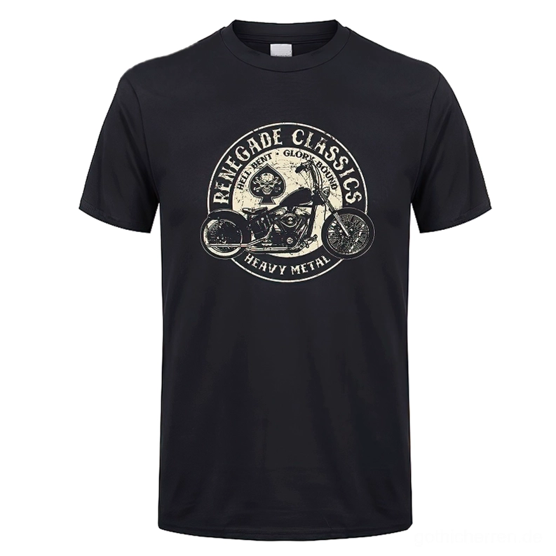 Schwarzes Gothic Motorrad T-Shirt mit Vintage Grafik Frontalansicht Flatlay klassisches Biker Design