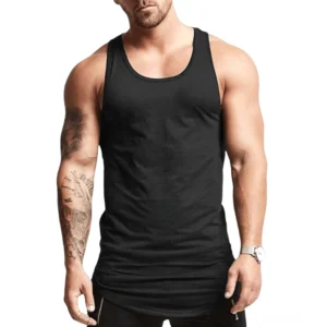 Schwarzes Gothic Herren Muskelshirt ärmellos, Vorderansicht mit athletischem Bodybuilding-Schnitt, geschwungener Saum und Racerback-Design