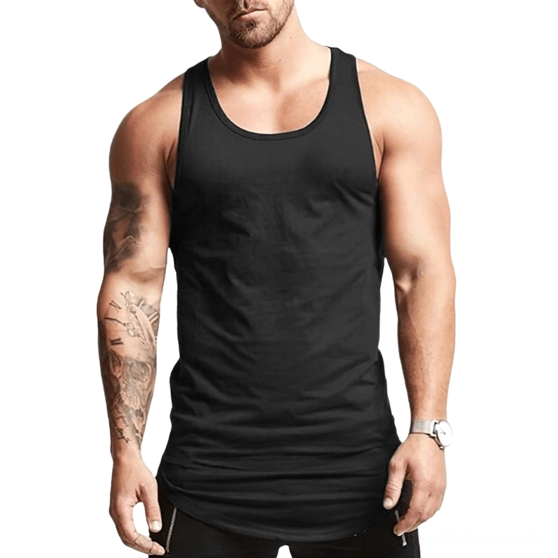 Schwarzes Gothic Herren Muskelshirt ärmellos, Vorderansicht mit athletischem Bodybuilding-Schnitt, geschwungener Saum und Racerback-Design