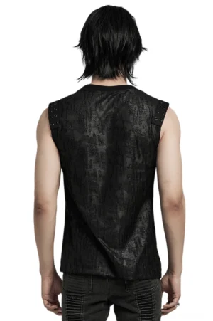 Schwarzes Gothic Muskelshirt Rückansicht auf Model – zerrissener Stoff mit nieten Schulterdetail Herren Tank