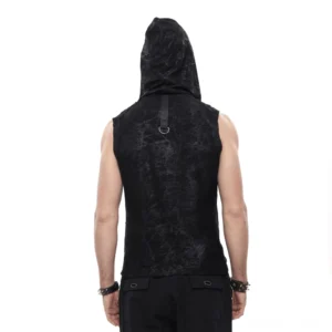 Rückansicht des schwarzen Gothic-Muskelshirts mit D-Ring-Rücken-Detail, Totenschädel-Mesh-Seitenpaneelen und distressed Vintage-Finish auf ärmellosen Punk-Design