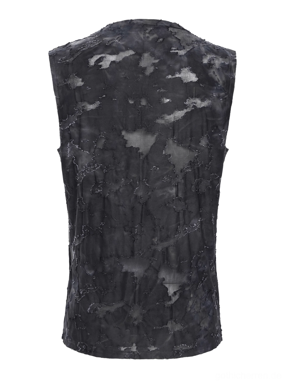 Rückansicht Flat-Lay des schwarzen Gothic Muskelshirts mit zerrissener Tie-Dye-Textur und gerader Saumlinie Detail
