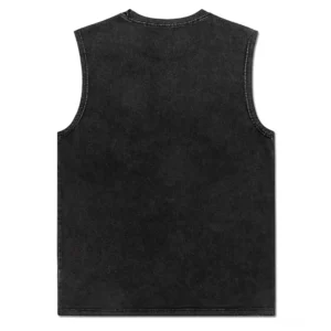 Rückansicht-Flachlage des schwarzen Gothic Tank Tops mit durchgehend solidem Rückenseiten-Design, geripptem Rundhalsausschnitt und hochwertiger Overlook-Stitching an Armausschnitten und Saum
