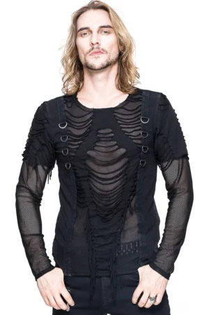 Schwarzes Gothic Netzoberteil mit Rissen Langarm für Herren, Vorderansicht auf Modell mit asymmetrischen Rissen und Metallösen-Details sowie durchscheinenden Netzärmeln