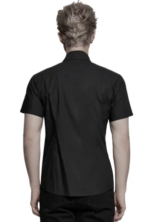 Schwarzes Gothic-Hemd mit Ösen Rückansicht auf männlichem Modell - Taillierte Silhouette Punk-Stil Alternative Mode