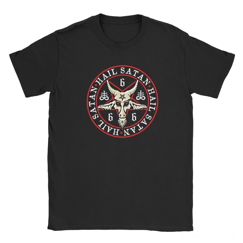 Flatlays des schwarzen Gothic-Pentagramm-T-Shirts – zirkuläres invertiertes Pentagramm-Druckdetail