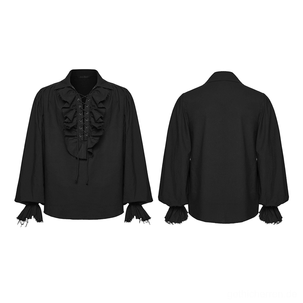 Schwarzes Gothic Poet Hemd Flatlay Vorder- und Rückseite mit Schnürungsdetails und rohen Saumkanten, vollständige Ansicht