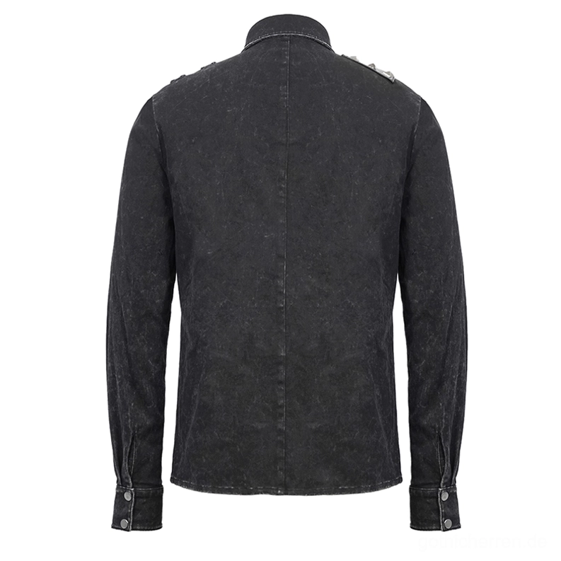 Rückansicht des schwarzen Gothic-Punk-Hemdes mit säuregewaschener Distressed-Textur und Riemen-System in voller Länge