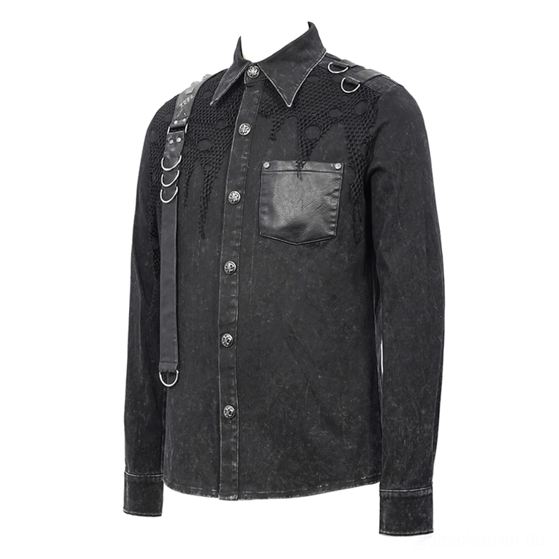 Schwarzes Gothic-Punk-Hemd Vorderansicht mit markanten Metallknopfen und zerrissener Mesh-Applikation mit Lederanhängern