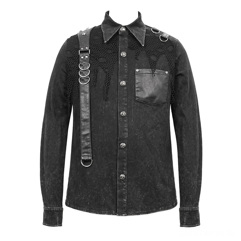 Schwarzes Gothic-Punk-Hemd Vorderansicht Flachproduktdarstellung mit zerrissenen Mesh-Panels, PU-Ledertasche und Metallverschlussdetails