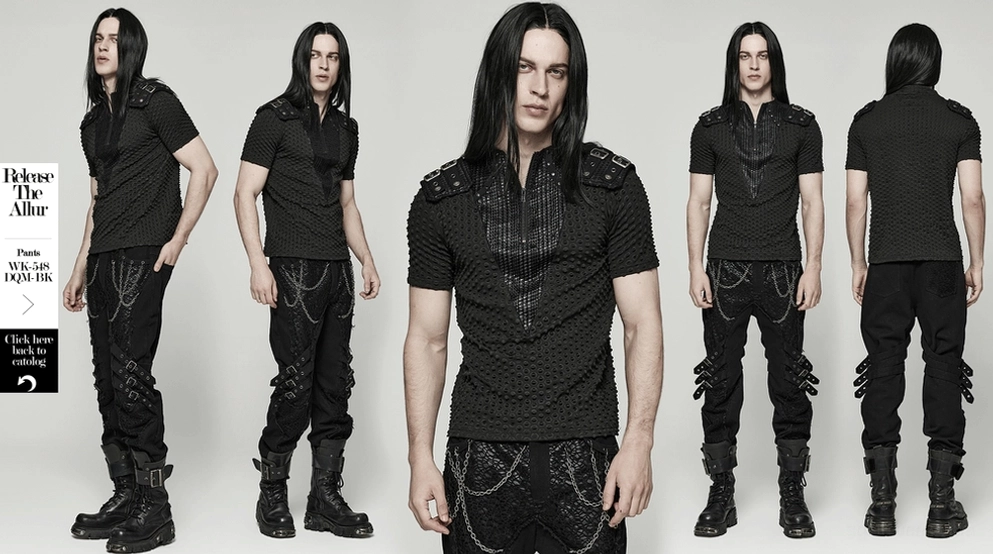 Schwarzes Gothic-Punk-Tactical-Kurzarm-Shirt Vorderansicht, Mesh- und Strick-Hybrid-Konstruktion mit Viertel-Reißverschluss und Schulterhardware
