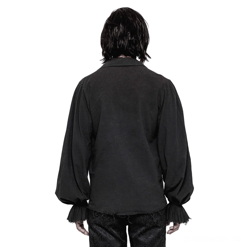Schwarzes Gothic-Rüschenhemd Rückansicht auf männlichem Model - voluminöse Ärmel und ausgefranzte Manschetten Alternative Mode