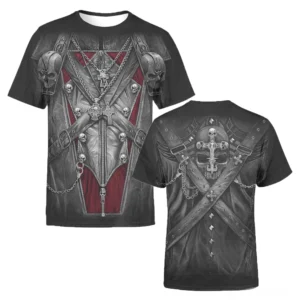 Schwarzes Gothic T-Shirt Rückseite mit Schädel- und Kreuzriemen-Design, Kettenverzierungen und okkulten Details auf hochwertigem Polyester-Breitgewebe