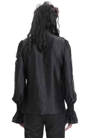Rückansicht des schwarzen viktorianischen Gothic Hemds mit minimalistischem Rückendesign, Damast-Jacquard-Webung, durchgehend strukturierter Stoff, geraffte ausgestellte Manschetten, elegant gehaltene Rückenpartie