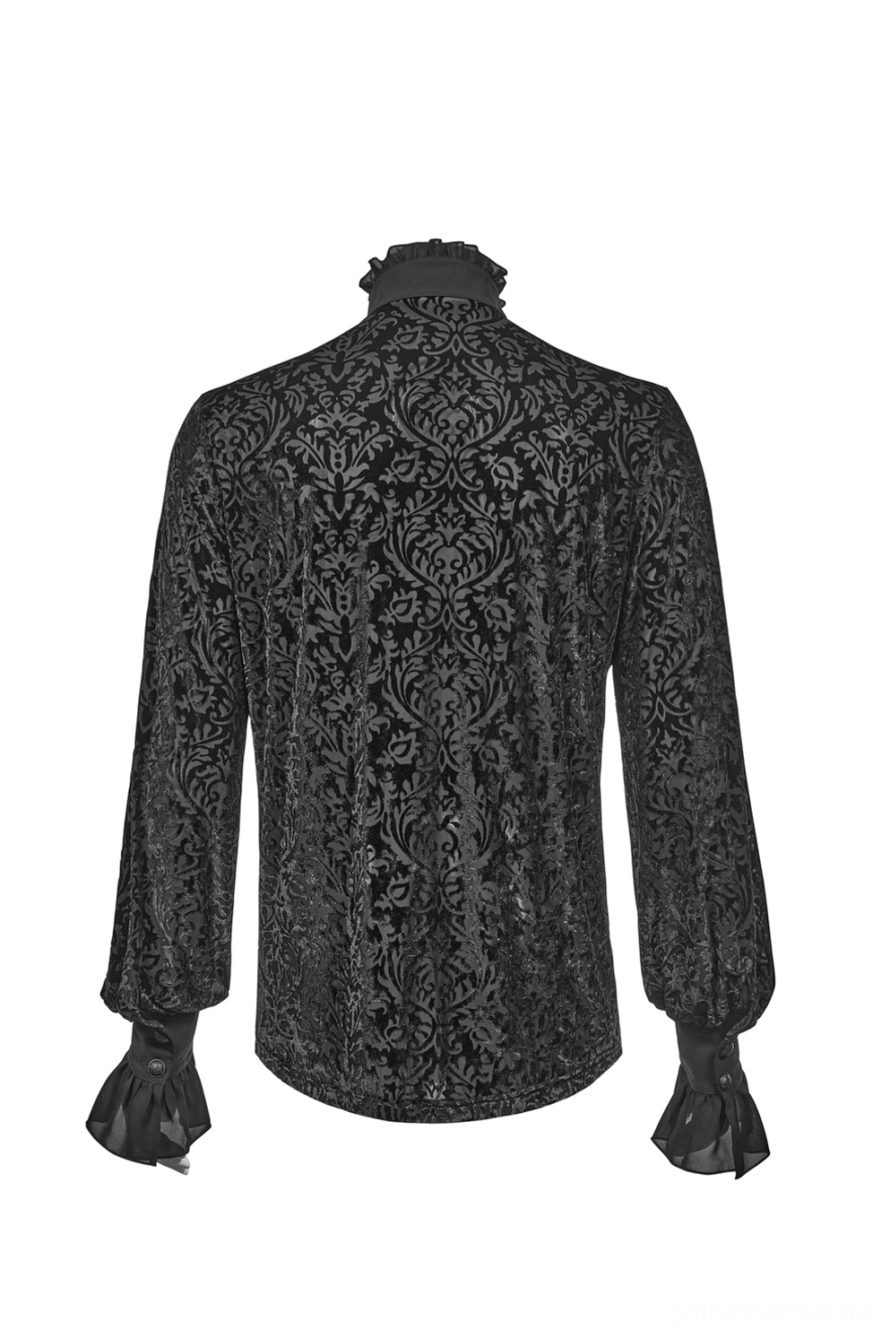 Schwarzes Gothic Samt-Hemd Rückansicht Flat-Lay, komplette Damast-Samtabdeckung, düstere romantische Ästhetik