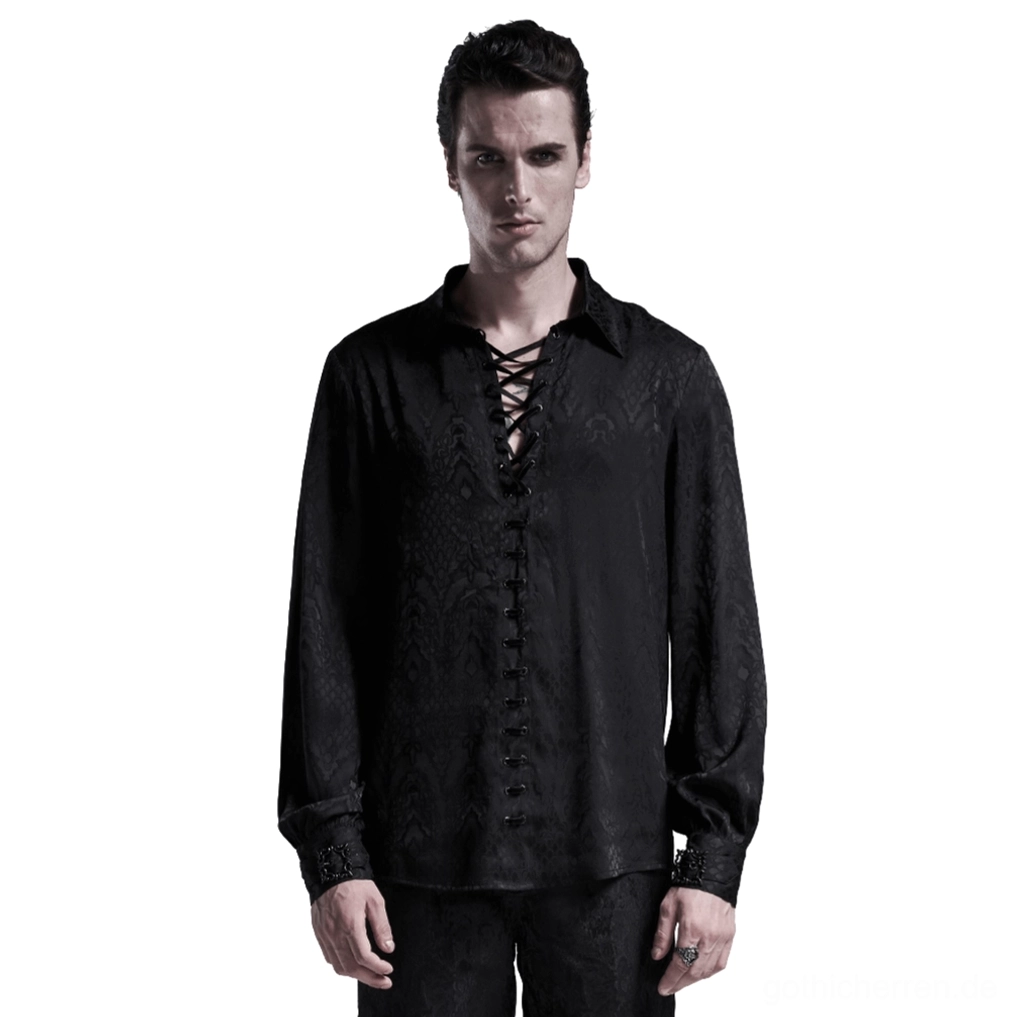 Schwarzes Gothic-Schnürhemd mit Jacquard-Damastmuster und Metallösen – Vorderansicht auf Modell, kompletter Look