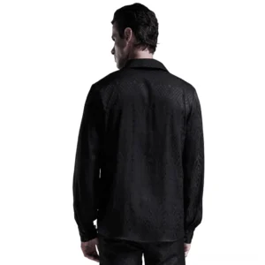 Schwarzes Gothic-Hemd mit Schnürung von hinten – Rückansicht zeigt taillierte Passform und Jacquard-Webstruktur