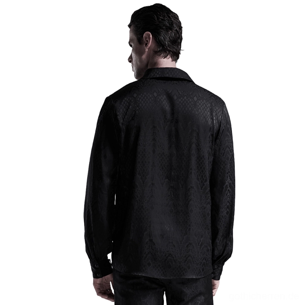 Schwarzes Gothic-Hemd mit Schnürung von hinten – Rückansicht zeigt taillierte Passform und Jacquard-Webstruktur