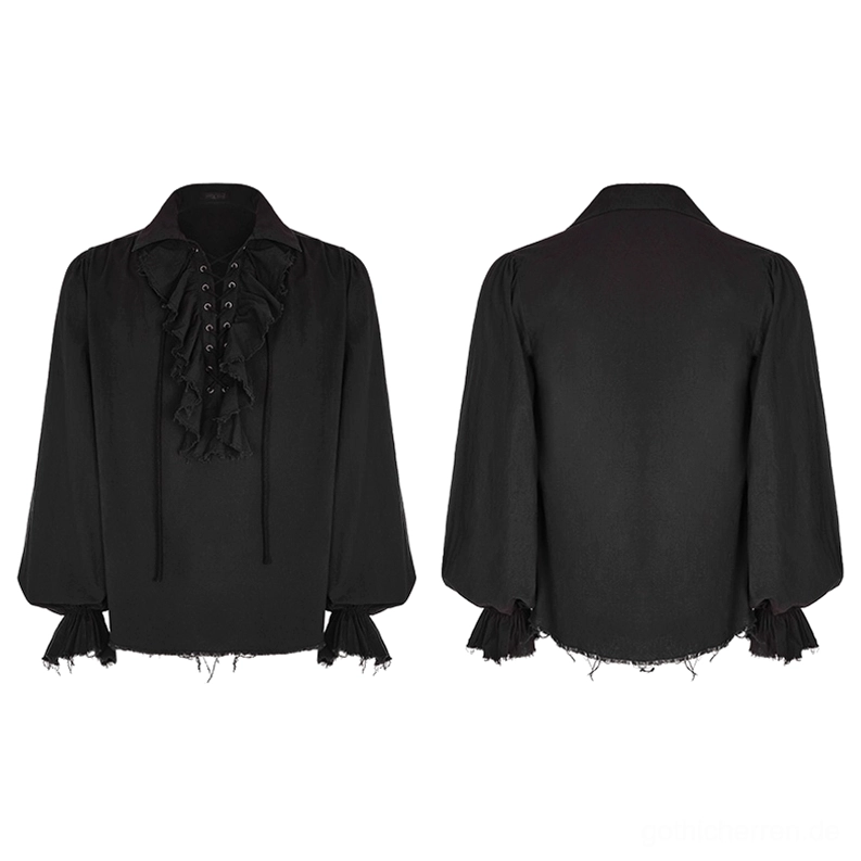 Schwarzes Gothic-Schnürhemd mit Rüschen Flatlay Vorder- und Rückansicht - Steampunk Alternative Mode Hemd