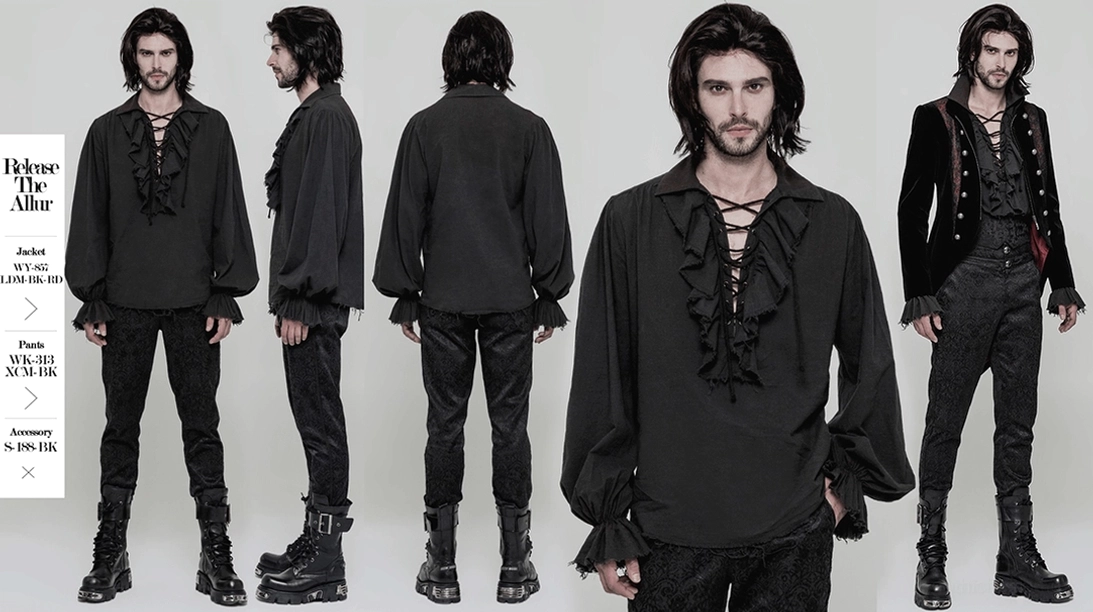 Schwarzes Gothic-Schnürhemd Größentabelle und Körpermessungen - Herrenbekleidung Alternative Mode Größenleitfaden