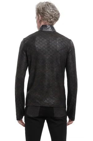 Gothic herren stehkragen schnür-sweatshirt rückansicht mit tailierter silhouette und glänzend beschichtetem stoff