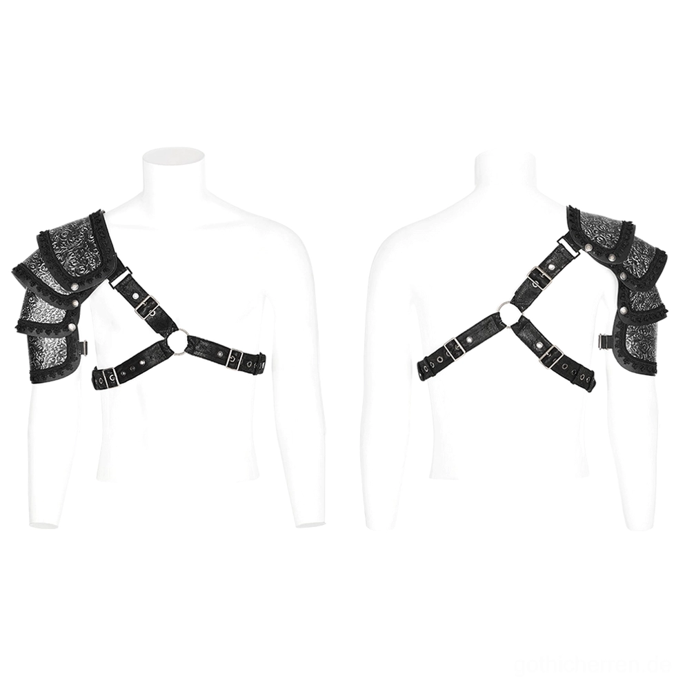Schwarzes Gothic Schulter-Armor-Harness auf Mannequin Vorder- und Rückansicht mit durchgehendem Kreuzriemen-System