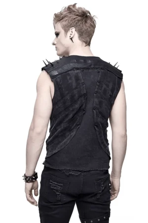 Rückansicht schwarzes Gothic Spike Tanktop auf Modell, präsentiert asymmetrisches Rueckendesign und ausgefranste Saumkanten mit distressed-Finish
