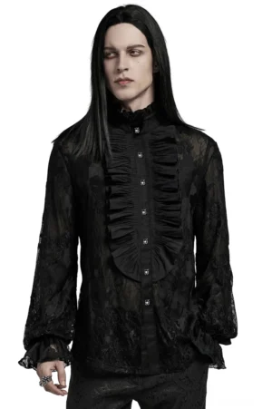 Schwarzes Gothic Spitzenhemd mit Rüschen Vorderansicht – Florales besticktes Spitzenmuster und ornamentaler Stehkragen auf männlichem Modell