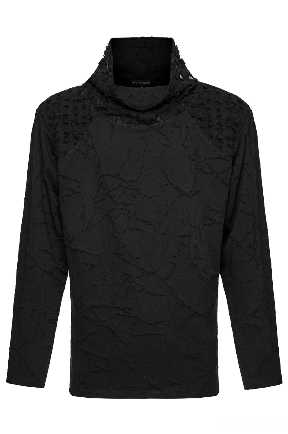 Schwarzes Gothic-Strickshirt mit Stehkragen in Vorder-Flat-Lay, strukturiertes aufgerissenes Strickgewebe, Details des Druckknopf-Verschlusses am Kragen deutlich zu sehen