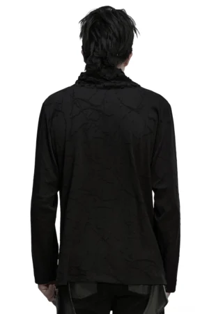 Schwarzes Gothic-Langarmshirt in Rückansicht auf Modell, strukturierter hoher Stehkragen sichtbar, Burnout-Strickstruktur durchgehend vorhanden, distressed Textur über den gesamten Rücken
