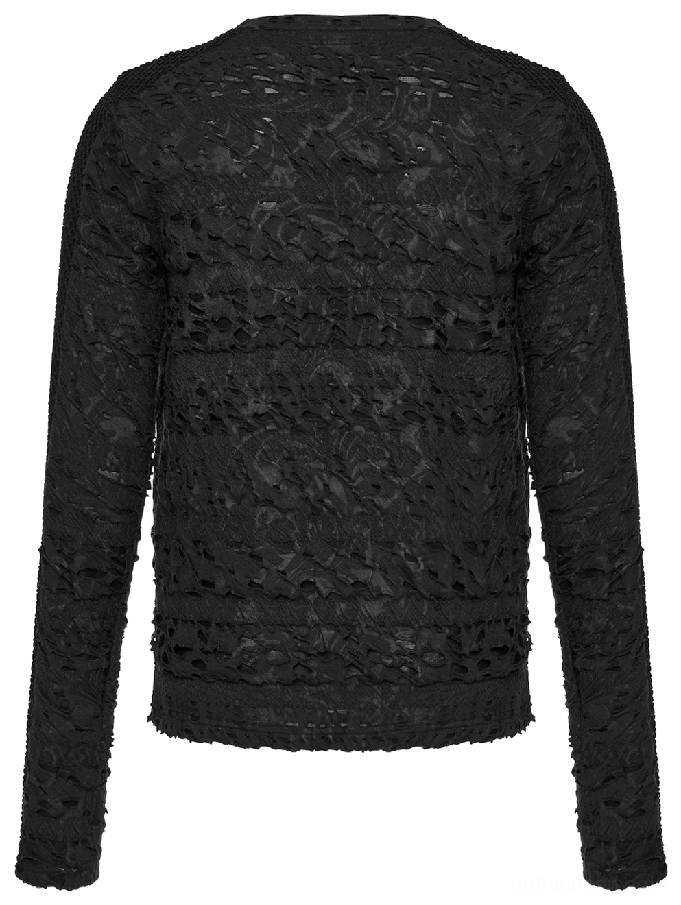 Schwarzes gothisches Mesh-Ärmel-Sweatshirt Rücken-Flatlay mit Crew-Ausschnitt und Distressed-Textur-Stoffmusterung-Detail