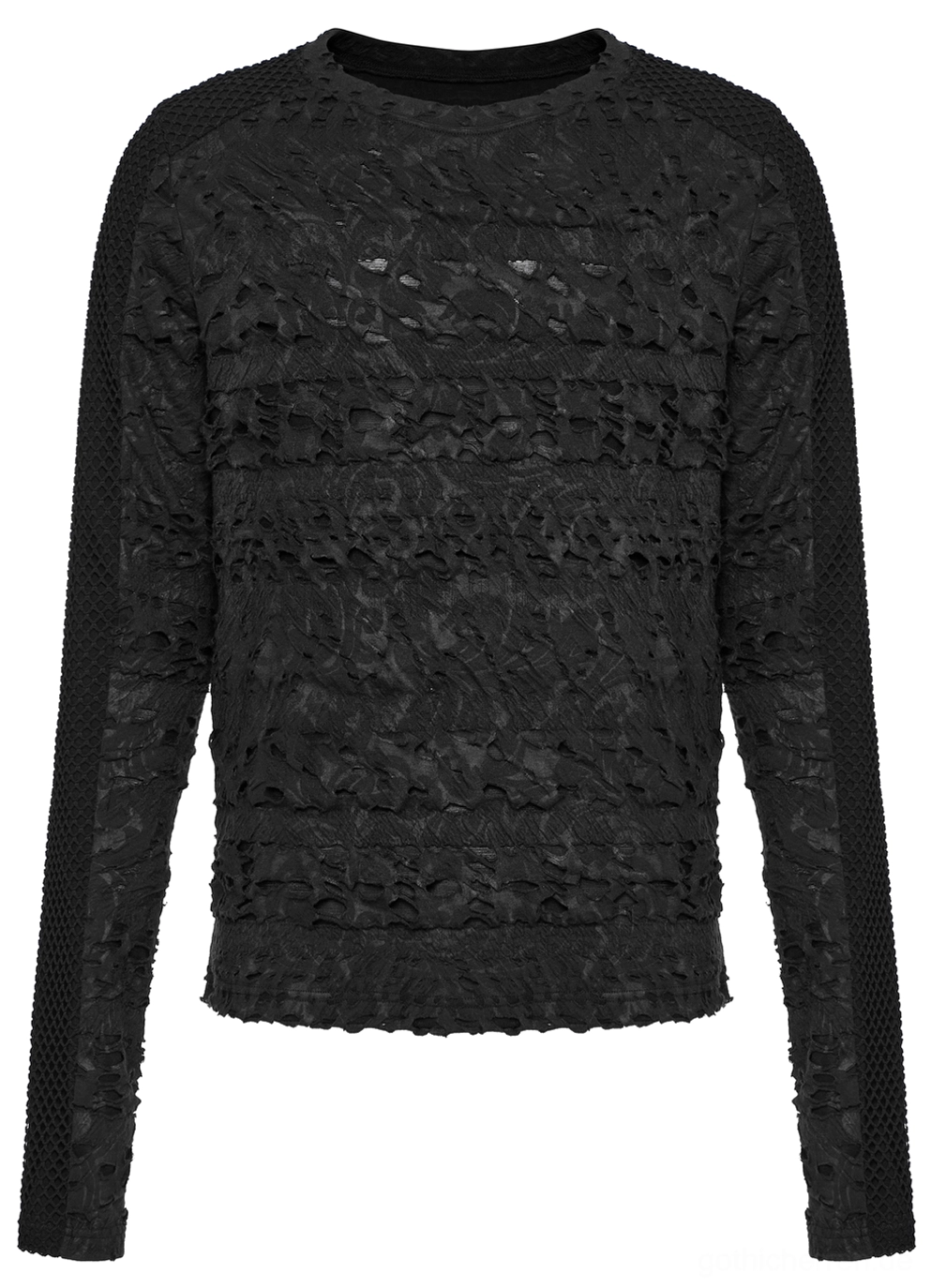 Schwarzes gothisches Sweatshirt-Style-Mesh-Top Flatlay Vorderansicht mit Crew-Ausschnitt und Mesh-Ärmel-Detail sowie Distressed-Oberfläche