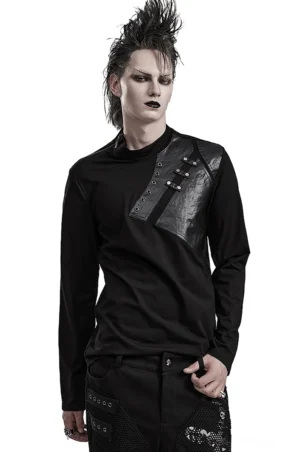 Schwarzes Gothic Sweatshirt mit Metallnieten, Front-Ansicht auf männlichem Model mit asymmetrischem Kunstleder-Panel und Mock-Neck-Kragen im Punk-Stil