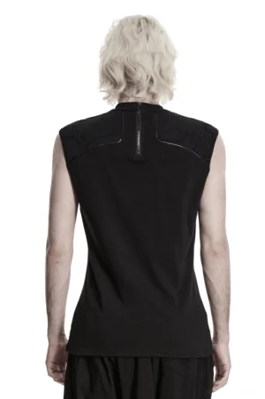 Schwarzes gotisches ärmelloses Tanktop Rückansicht mit zentralem Reißverschluss und Mock-Neck-Kragen