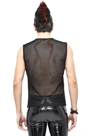 Schwarzes Gothic-Tanktop Rückansicht mit durchscheinenden Mesh-Stoff und elastischem Saum auf Model, zeigt atmungsaktive Rückenkonstruktion des Punk-ärmellosen Shirts