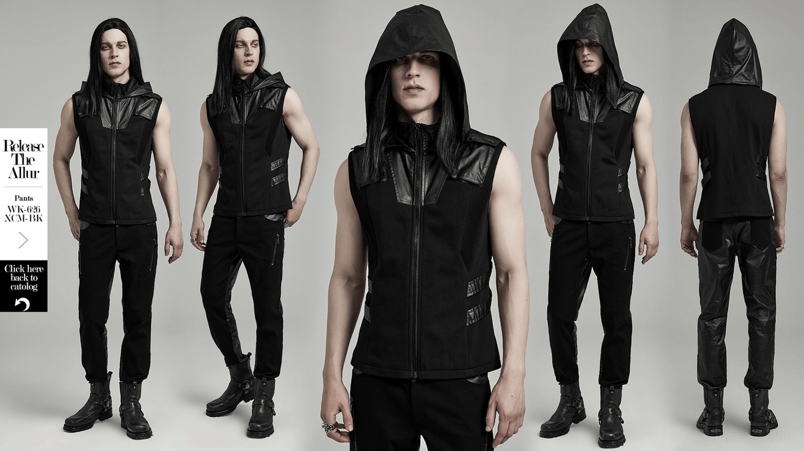 Komplette Ansicht des schwarzen gotischen Techwear ärmellosen Kapuzensweatshirts zeigt schwarzen Stoff und Lederakzent-Platzierung