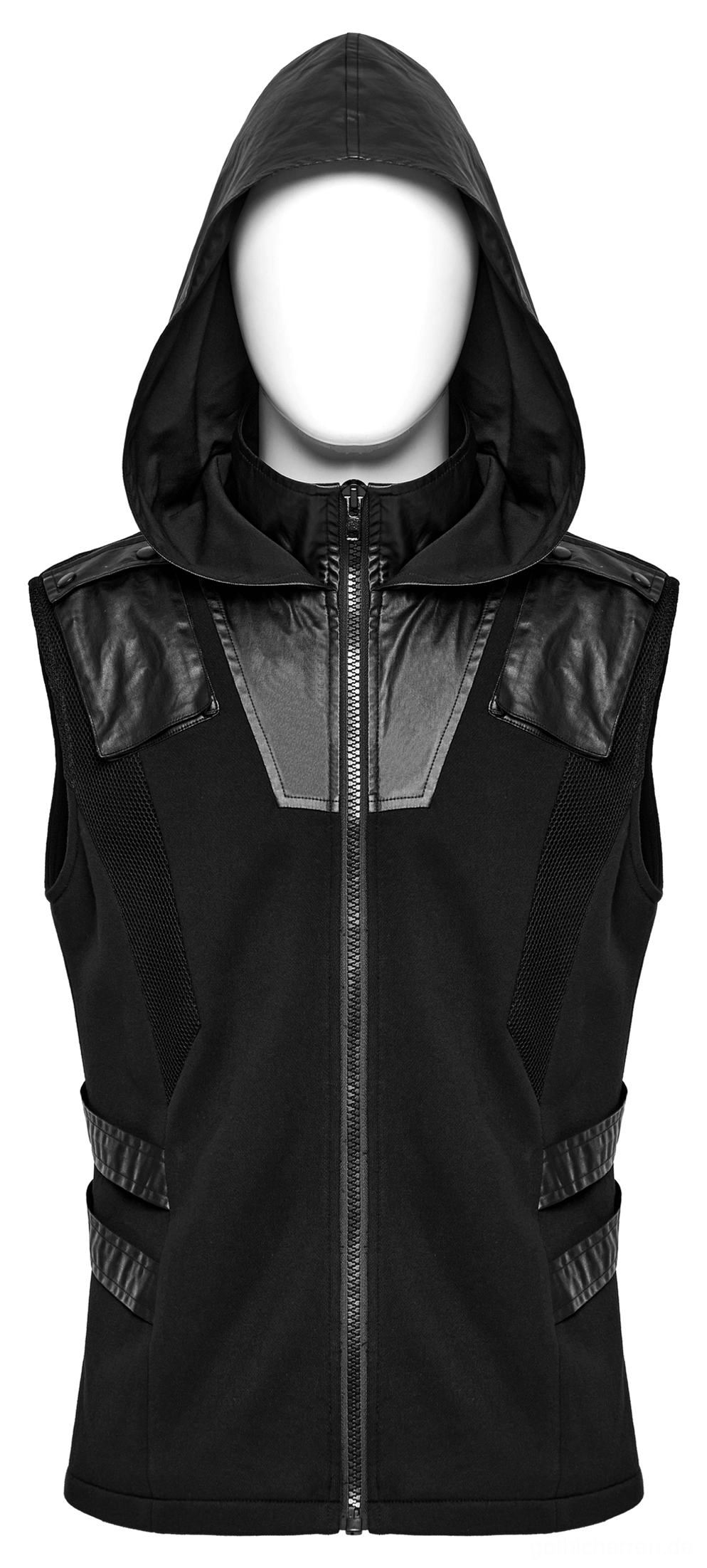 Vorderansicht des schwarzen gotischen Techwear-ärmellosen Kapuzensweatshirts mit Lederhoodpaneel auf Display-Mannequin