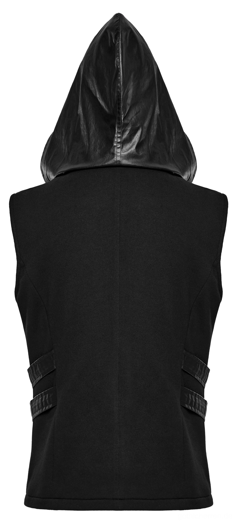 Rückansicht des schwarzen gotischen Techwear Kapuzensweatshirts mit Lederhoodtrim und seitlichen Riemendetails auf Mannequin