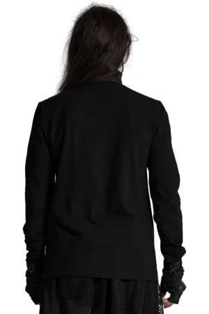 Schwarzes Gothic-Techwear-Sweatshirt Rückansicht mit Stehkragen und tailierter Silhouette, lange Ärmel mit Daumenöffnungen
