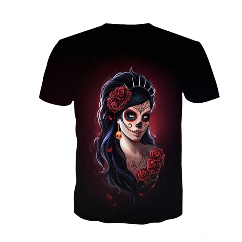 Schwarzes Gothic Catrina 3D Druck T-Shirt Rückenansicht Flachaufnahme zeigt passendes Totenkopf Grafikmuster auf Rückseite mit vollständigem mexikanischen Tag der Toten Motiv identisch mit Vorderseite