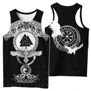 Schwarzes Gothic Viking Muskelshirt mit 3D-Druck - Valknut Symbol, Raben und Elder Futhark Runen auf der Vorderseite sichtbar, Nordic Dark Fashion Tank Top für Alternative Streetwear