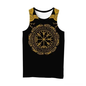 Schwarzes Gothic Viking Muskelshirt mit goldenem Vegvisir-Runen-Druck vorne, 3D-Drucktechnologie, Raben auf Schultern, Frontalansicht Flatlay mit Details des nordischen Symboldesigns