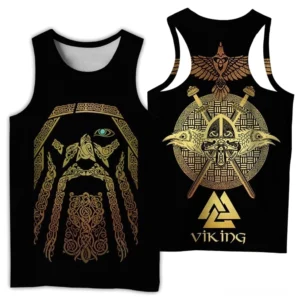 Schwarzes gotisches Viking Tanktop mit Odin Gesicht Golddruck und keltischen Knoten Mustern auf Vorder- und Rückseite, ärmellos, Muskelshirt für Herren, vollständige Vorder- und Rückansicht auf weißem Hintergrund