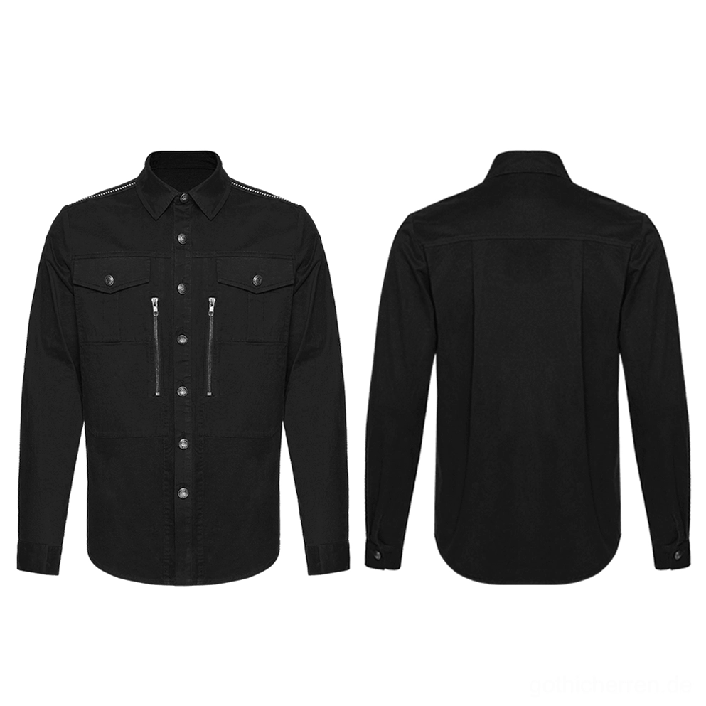 Schwarzes Gothic Workwear Hemd Flachlage vorn und hinten mit Knopfleiste und dualen Reißverschluss-Brusttaschen