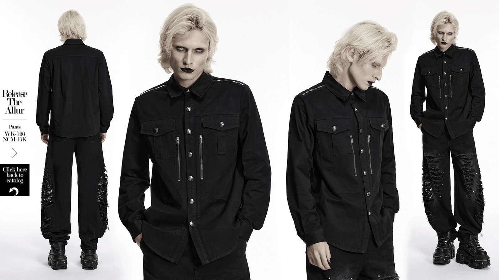 Schwarzes Gothic Workwear Hemd Ganzkörper Studio-Ansicht mit strukturierter tailierter Passform und Metallhardware-Platzierung