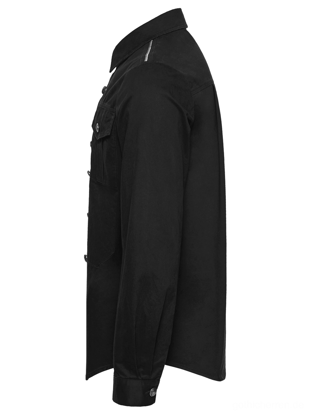 Schwarzes Gothic Workwear Hemd Detail mit Metallreißverschluss-Brusttaschen-Hardware und verfeinerte Punk-Ästhetik