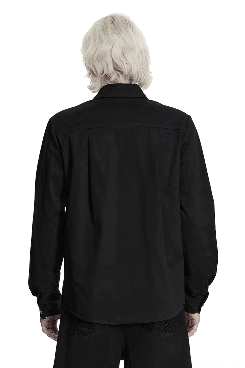 Schwarzes Gothic Punk Workwear Hemd Rückansicht mit strukturierter Silhouette, langen entspannten Ärmeln und sauberer Rückennaht