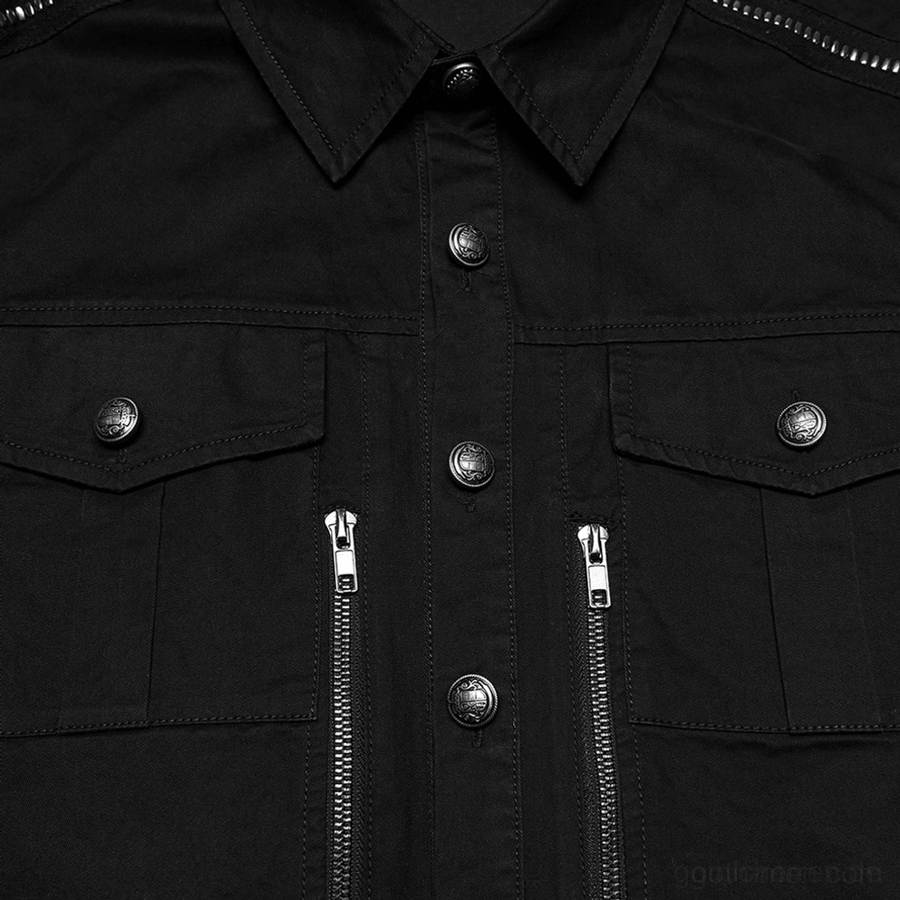Schwarzes Gothic Workwear Hemd Seitenprofilansicht mit strukturierter Passform, abfallender Schulter und Schulter-Reißverschluss-Trim-Akzent
