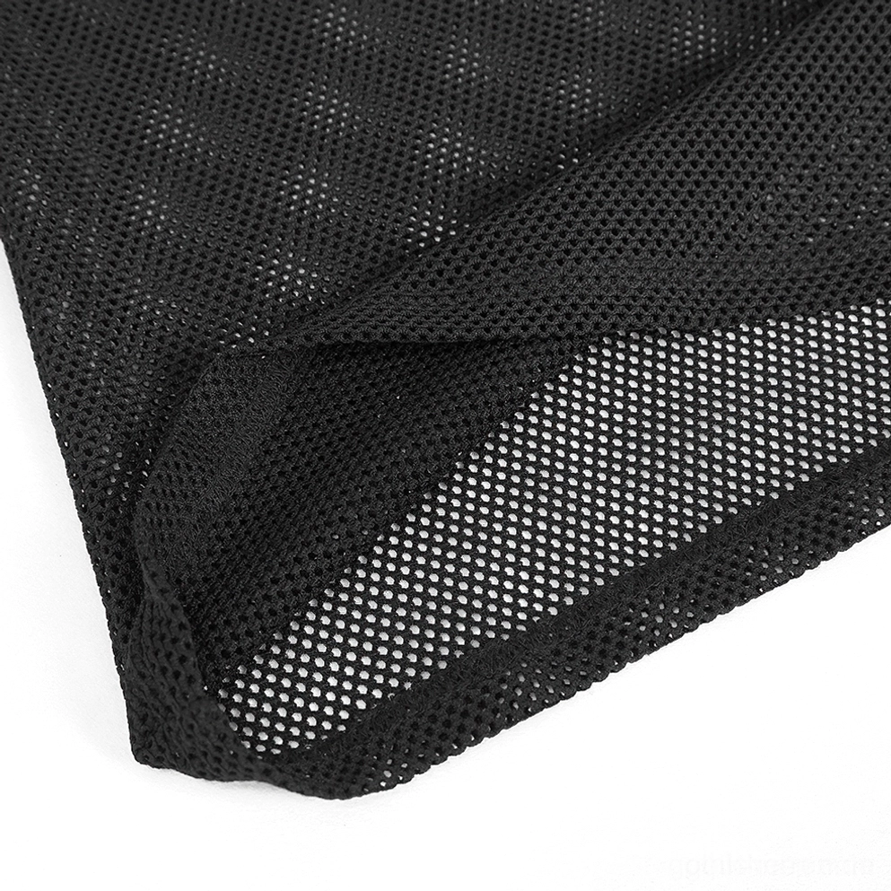 Schwarze Hexagon-Mesh-Stoffmuster – zeigt dehnbare Polyamid-Konstruktion, dichtes Geflecht und strukturelle Integrität der Netzstruktur