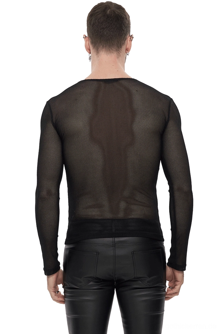 Rückansicht des schwarzen Hexagon-Mesh-Gothic-Oberteils für Männer – durchsichtige Netzstruktur mit engem Sitz und schwarzer Hose